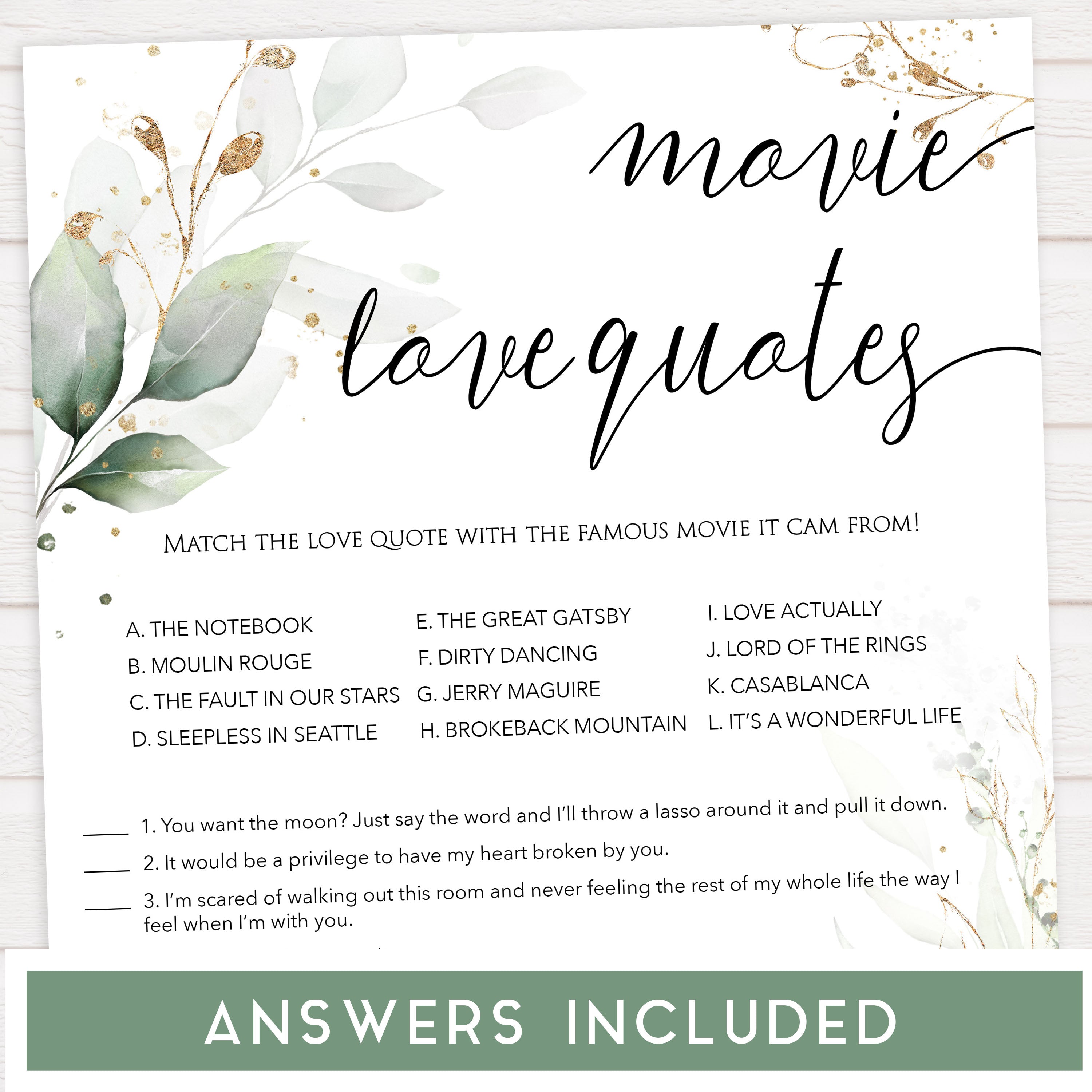 match the movie love quite game, Printable bridal shower games, greenery bridal shower, gold leaf bridal shower games, fun bridal shower games, bridal shower game ideas, greenery bridal shower