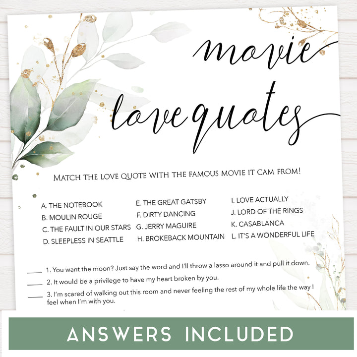 match the movie love quite game, Printable bridal shower games, greenery bridal shower, gold leaf bridal shower games, fun bridal shower games, bridal shower game ideas, greenery bridal shower