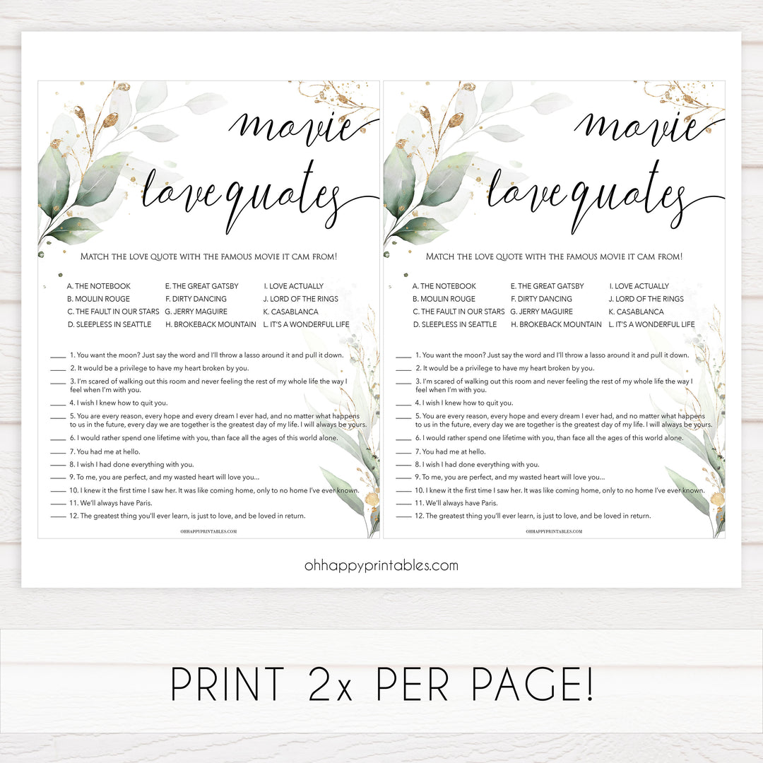 match the movie love quite game, Printable bridal shower games, greenery bridal shower, gold leaf bridal shower games, fun bridal shower games, bridal shower game ideas, greenery bridal shower
