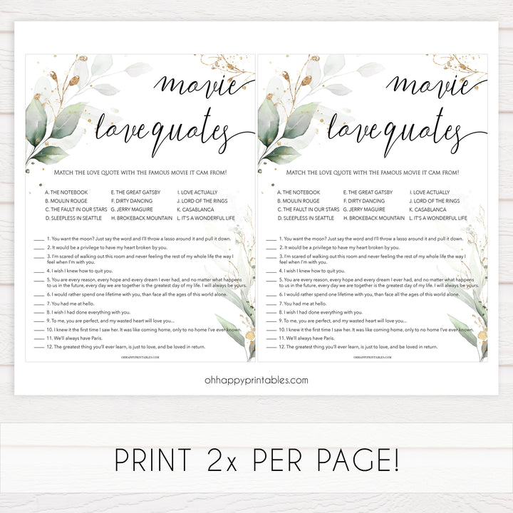 match the movie love quite game, Printable bridal shower games, greenery bridal shower, gold leaf bridal shower games, fun bridal shower games, bridal shower game ideas, greenery bridal shower
