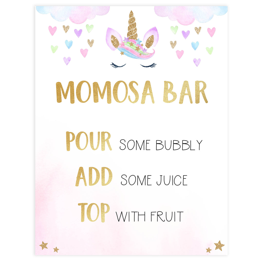 momosa baby shower table sign, Unicorn baby decor, printable baby table signs, printable baby decor, baby adventure table signs, fun baby signs, baby unicorn fun baby table signs