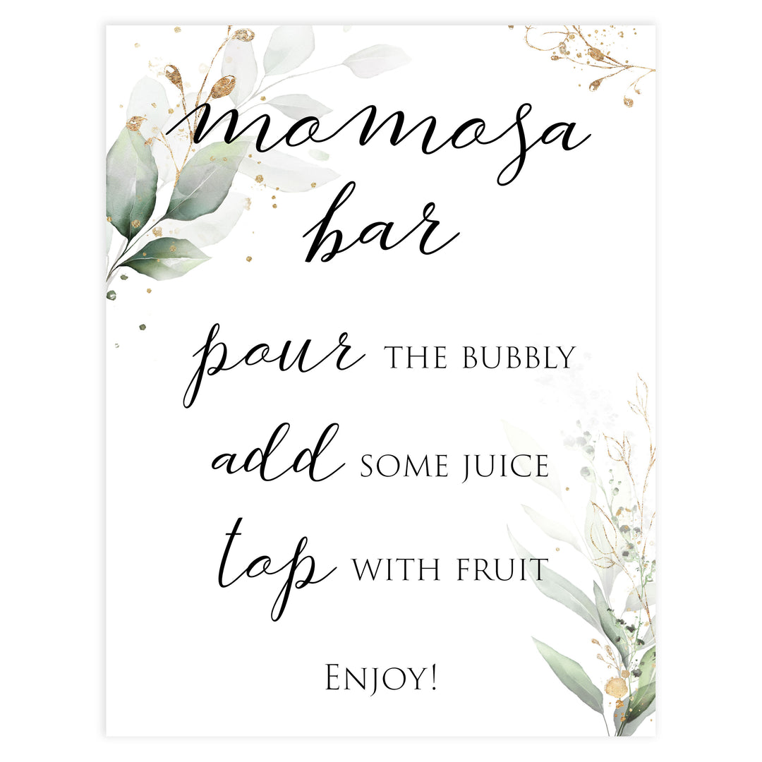 Gold green leaf baby signs, momosa baby sign, printable baby shower decor, fun baby signs, top baby games to play, gold leaf baby shower decor, greenery baby shower ideas