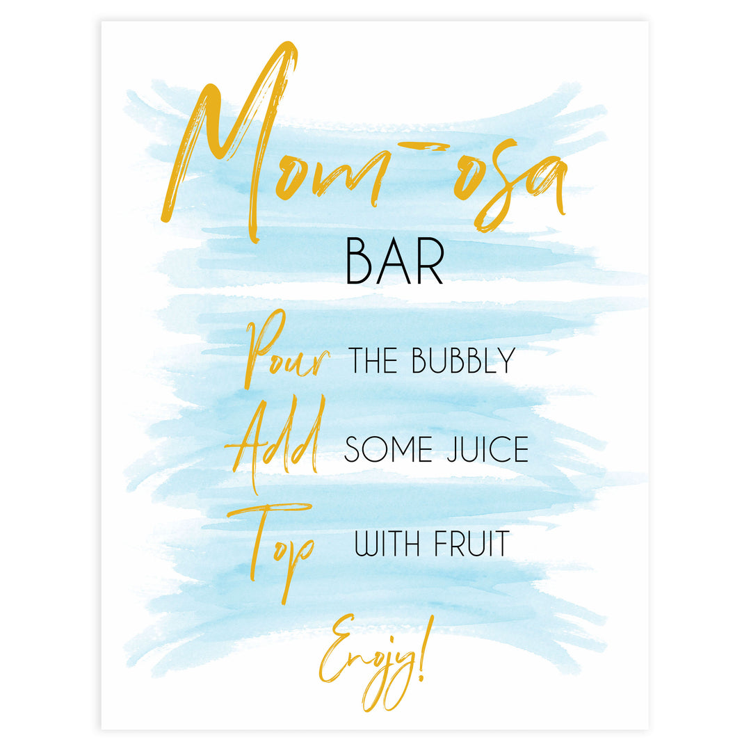 blue swash baby signs, momosa baby shower sign, printable baby signs, fun baby shower ideas, baby shower decor