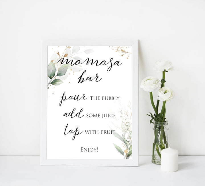 Gold green leaf baby signs, momosa baby sign, printable baby shower decor, fun baby signs, top baby games to play, gold leaf baby shower decor, greenery baby shower ideas