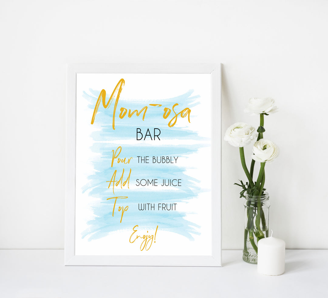 blue swash baby signs, momosa baby shower sign, printable baby signs, fun baby shower ideas, baby shower decor