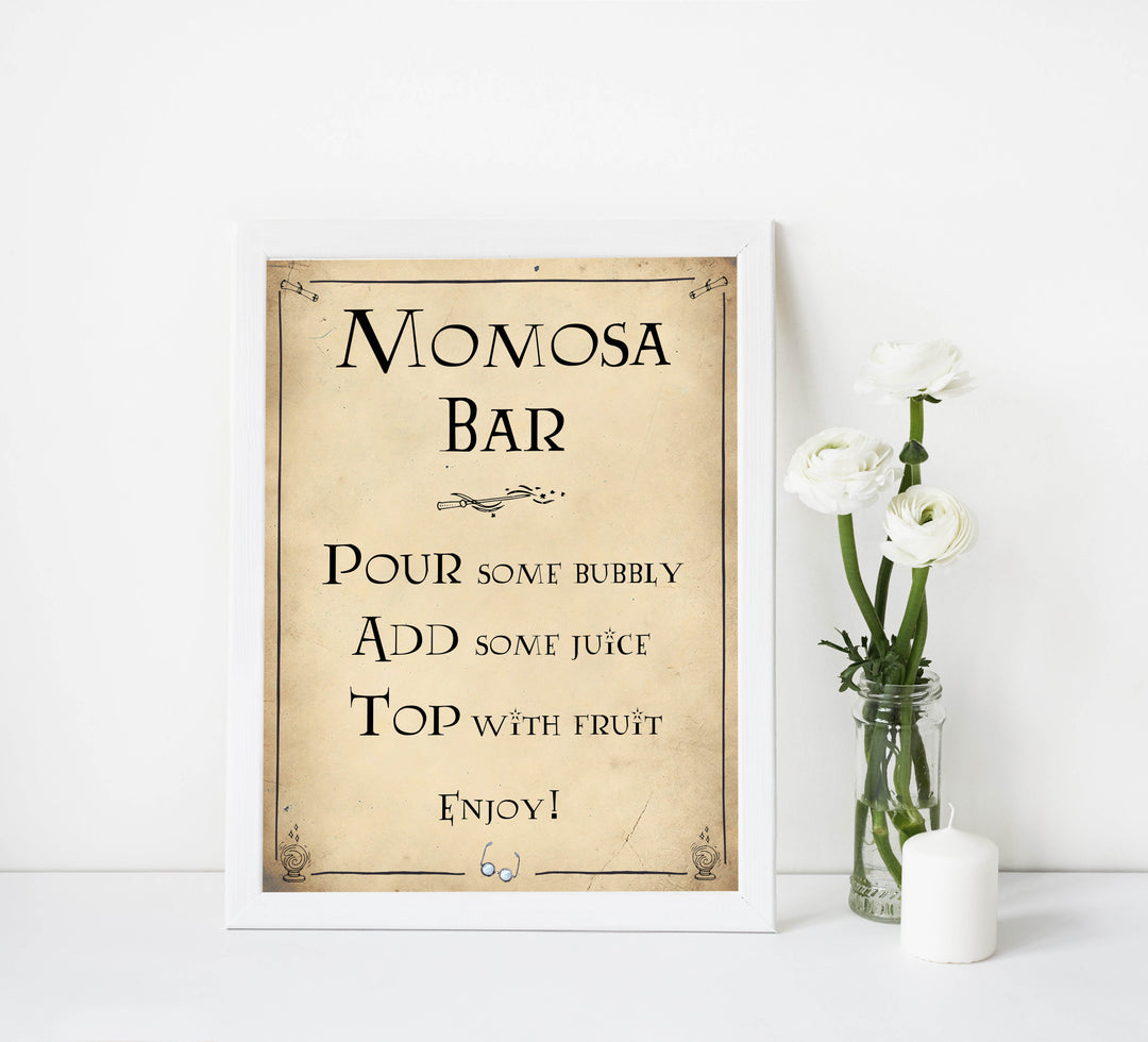Momosa Sign, mom-osa baby sign, Wizard baby shower signs, printable baby shower decor, Harry Potter baby decor, Harry Potter baby shower ideas, fun baby decor, fun baby signs