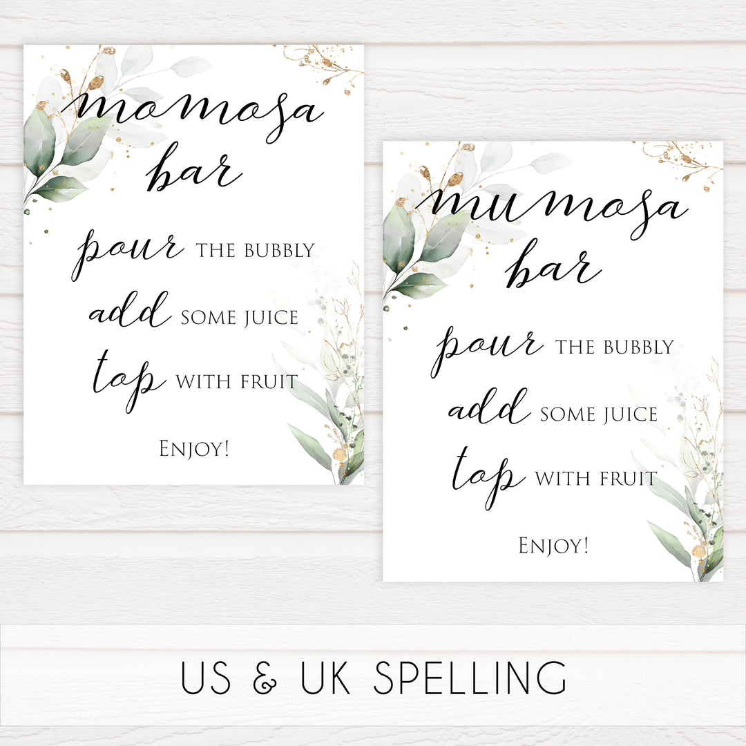 Gold green leaf baby signs, momosa baby sign, printable baby shower decor, fun baby signs, top baby games to play, gold leaf baby shower decor, greenery baby shower ideas