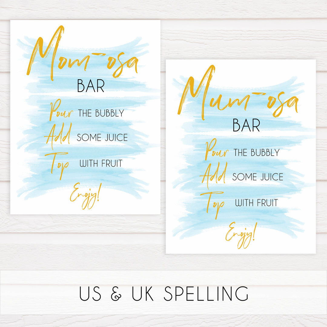 blue swash baby signs, momosa baby shower sign, printable baby signs, fun baby shower ideas, baby shower decor