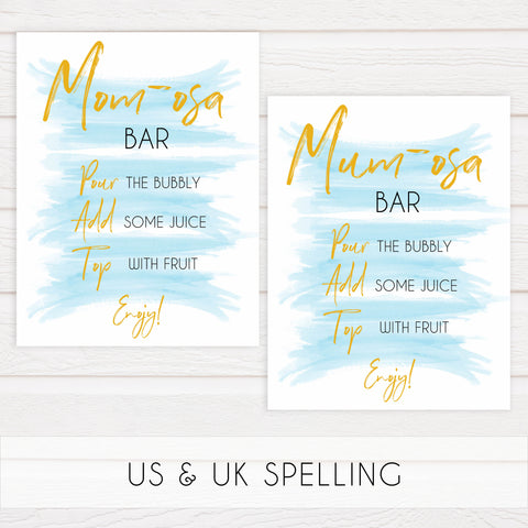 blue swash baby signs, momosa baby shower sign, printable baby signs, fun baby shower ideas, baby shower decor