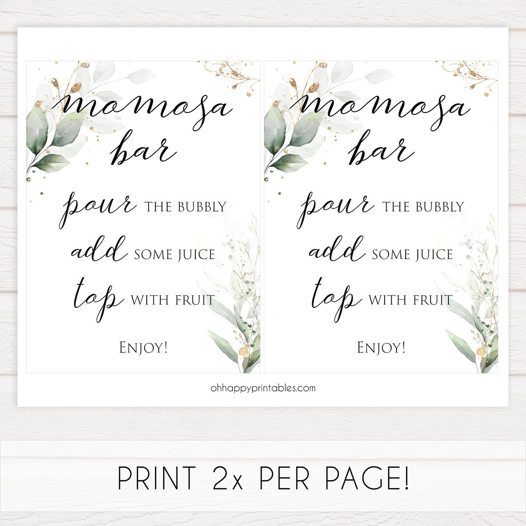 Gold green leaf baby signs, momosa baby sign, printable baby shower decor, fun baby signs, top baby games to play, gold leaf baby shower decor, greenery baby shower ideas