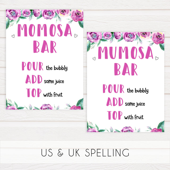 momosa baby shower sign, printable baby shower decor, purple peonies baby shower signs, mumosa baby shower signs, fun baby shower decor