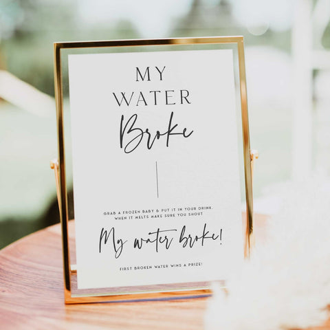 Printable baby shower game My Water Broke with a modern minimalist design