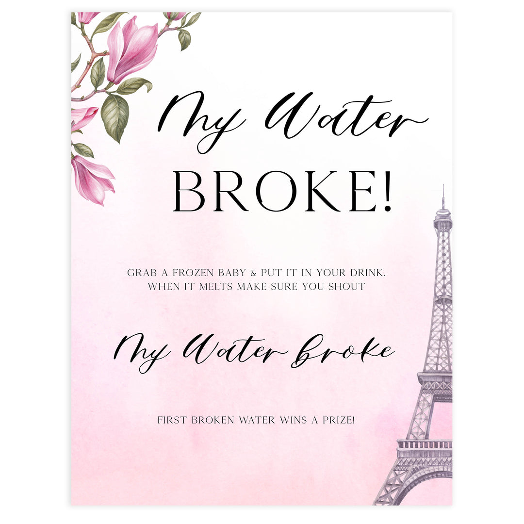 my water broke baby game, Paris baby shower games, printable baby shower games, Parisian baby shower games, fun baby shower games