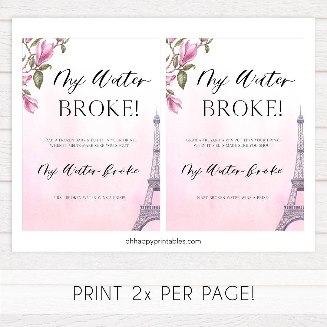my water broke baby game, Paris baby shower games, printable baby shower games, Parisian baby shower games, fun baby shower games