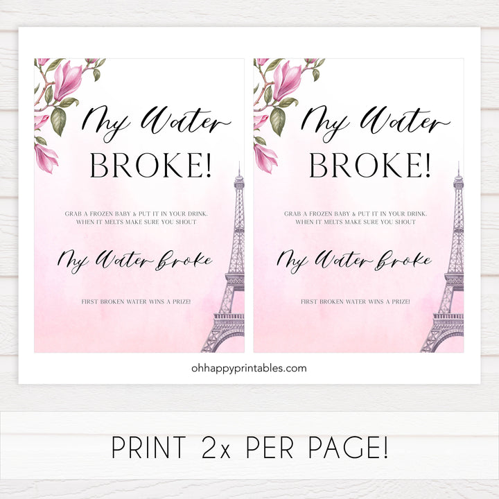 my water broke baby game, Paris baby shower games, printable baby shower games, Parisian baby shower games, fun baby shower games
