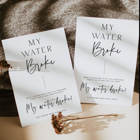 Printable baby shower game My Water Broke with a modern minimalist design