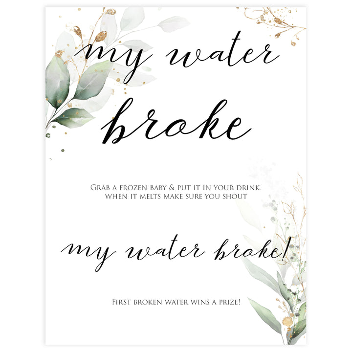 Gold green leaf baby games, my water broke,  printable baby games, fun baby games, top baby games to play, gold leaf baby shower, greenery baby shower ideas