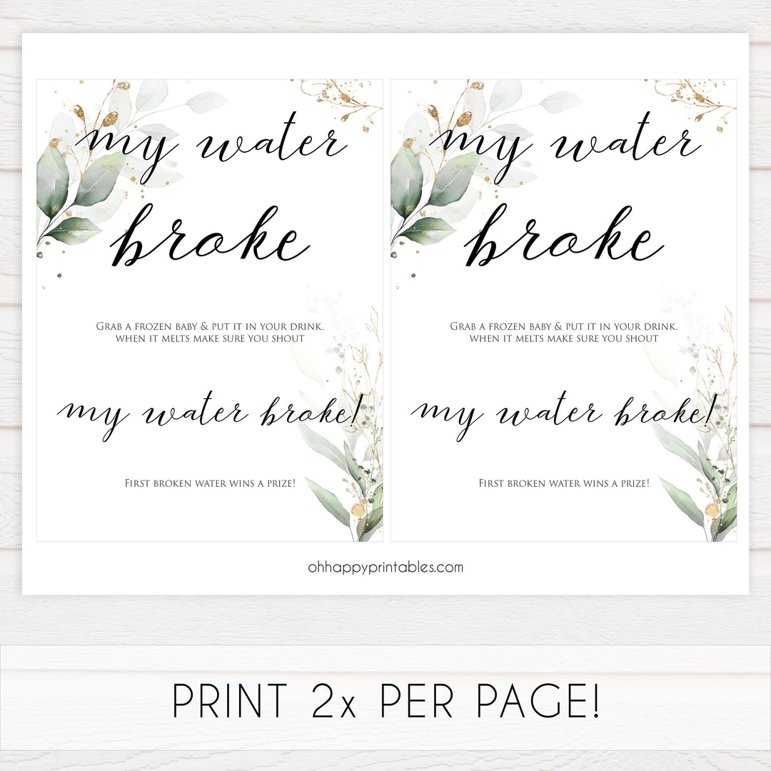 Gold green leaf baby games, my water broke,  printable baby games, fun baby games, top baby games to play, gold leaf baby shower, greenery baby shower ideas