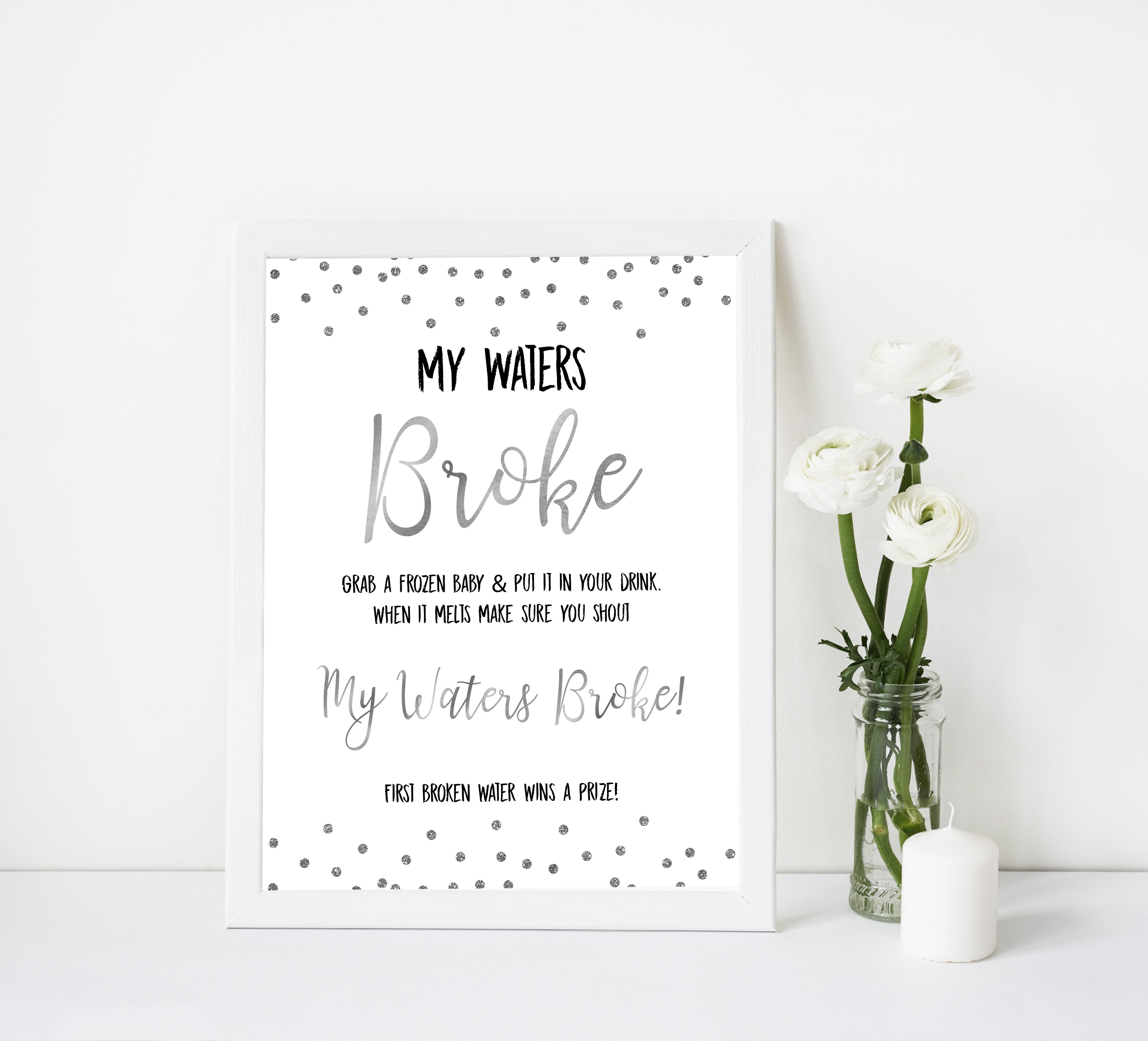my waters broke game, Printable baby shower games, baby silver glitter fun baby games, baby shower games, fun baby shower ideas, top baby shower ideas, silver glitter shower baby shower, friends baby shower ideas