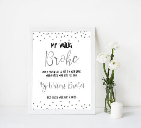 my waters broke game, Printable baby shower games, baby silver glitter fun baby games, baby shower games, fun baby shower ideas, top baby shower ideas, silver glitter shower baby shower, friends baby shower ideas