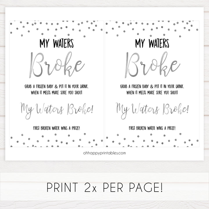 my waters broke game, Printable baby shower games, baby silver glitter fun baby games, baby shower games, fun baby shower ideas, top baby shower ideas, silver glitter shower baby shower, friends baby shower ideas