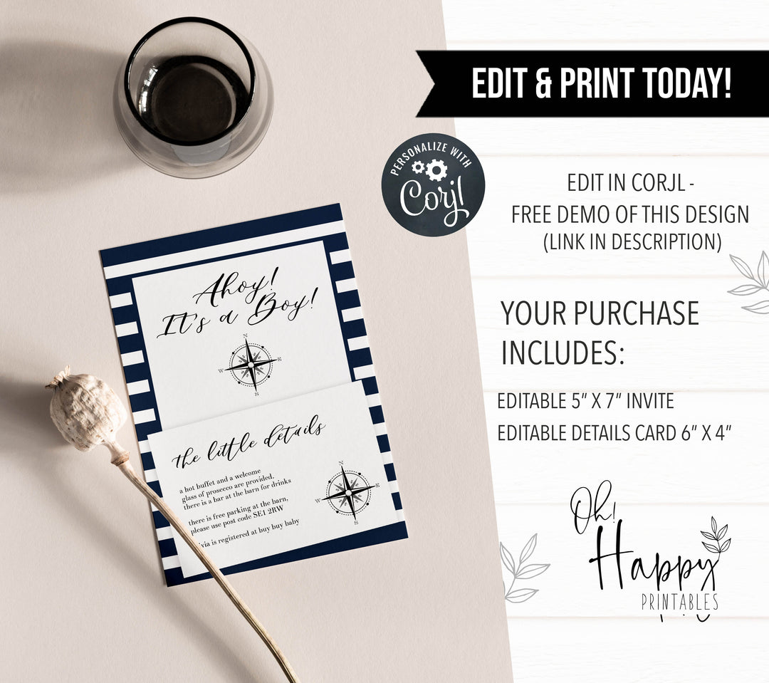 nautical baby shower invitations, printable baby shower invitations, editable baby shower invitations, ahoy its a boy baby invites, mobile baby shower invitations