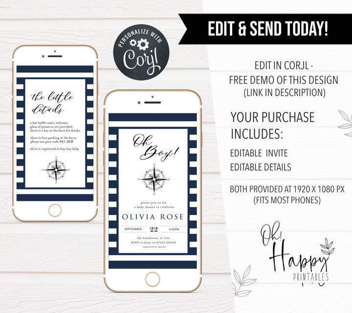 nautical baby shower invitations, printable baby shower invitations, editable baby shower invitations, ahoy its a boy baby invites, mobile baby shower invitations