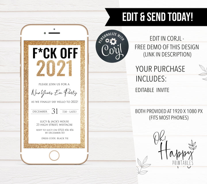 EDITABLE FUCK OFF 2020 Phone Invitation - New Years Eve