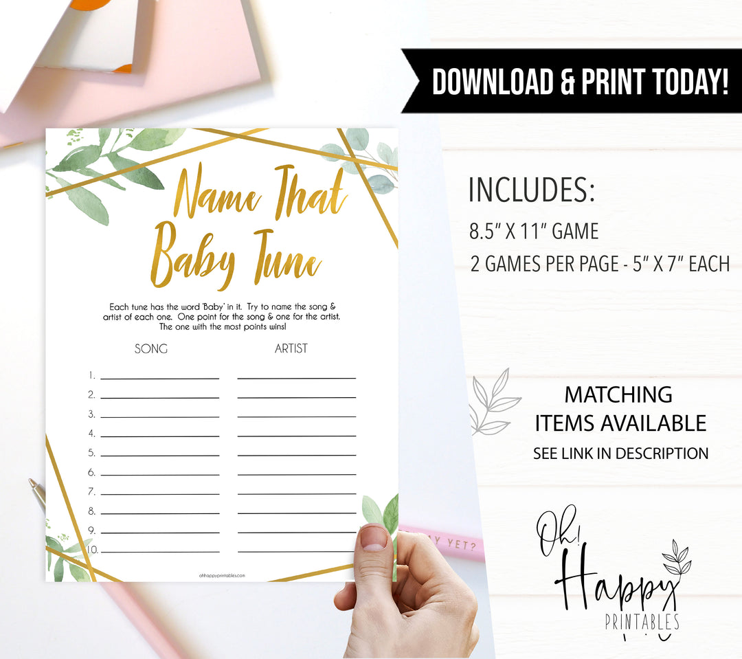 gold geometric name that baby tune baby shower games, printable baby shower games, fun baby games, popular baby games, gold baby games