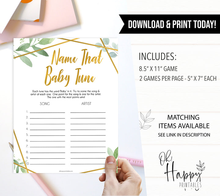 gold geometric name that baby tune baby shower games, printable baby shower games, fun baby games, popular baby games, gold baby games