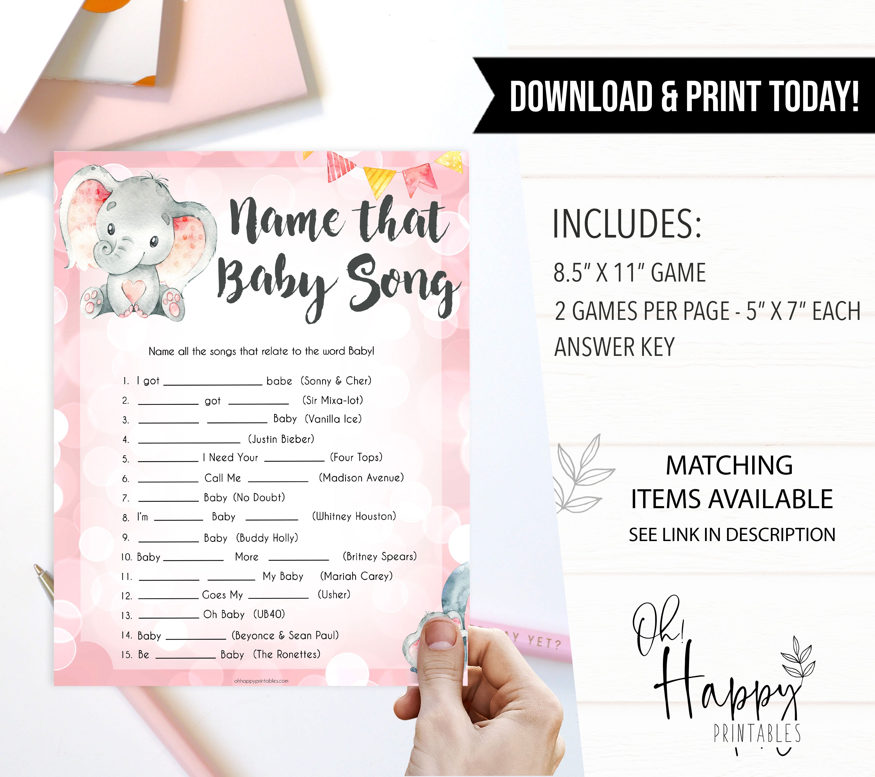 pink elephant baby games, name that baby song baby shower games, printable baby shower games, baby shower games, fun baby games, popular baby games, pink baby games