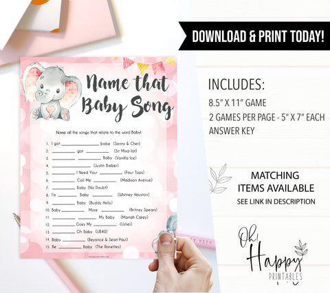 pink elephant baby games, name that baby song baby shower games, printable baby shower games, baby shower games, fun baby games, popular baby games, pink baby games