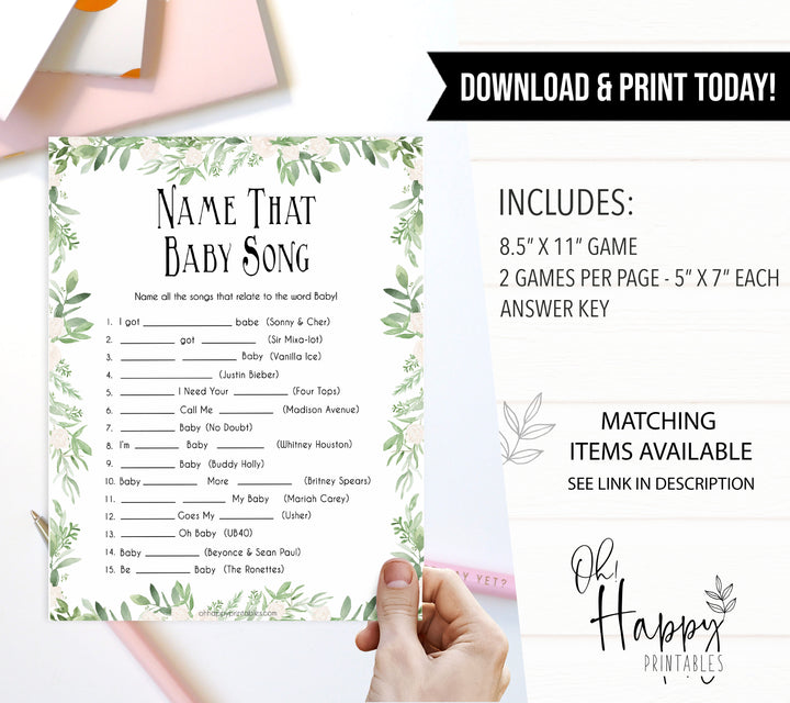 Greenery Name That Song Baby Shower Game, Baby Song Games, Baby Shower Games, Name That Baby Song, Musical Games, Name that Song Game, printable baby shower games, popular baby shower games, fun baby shower games