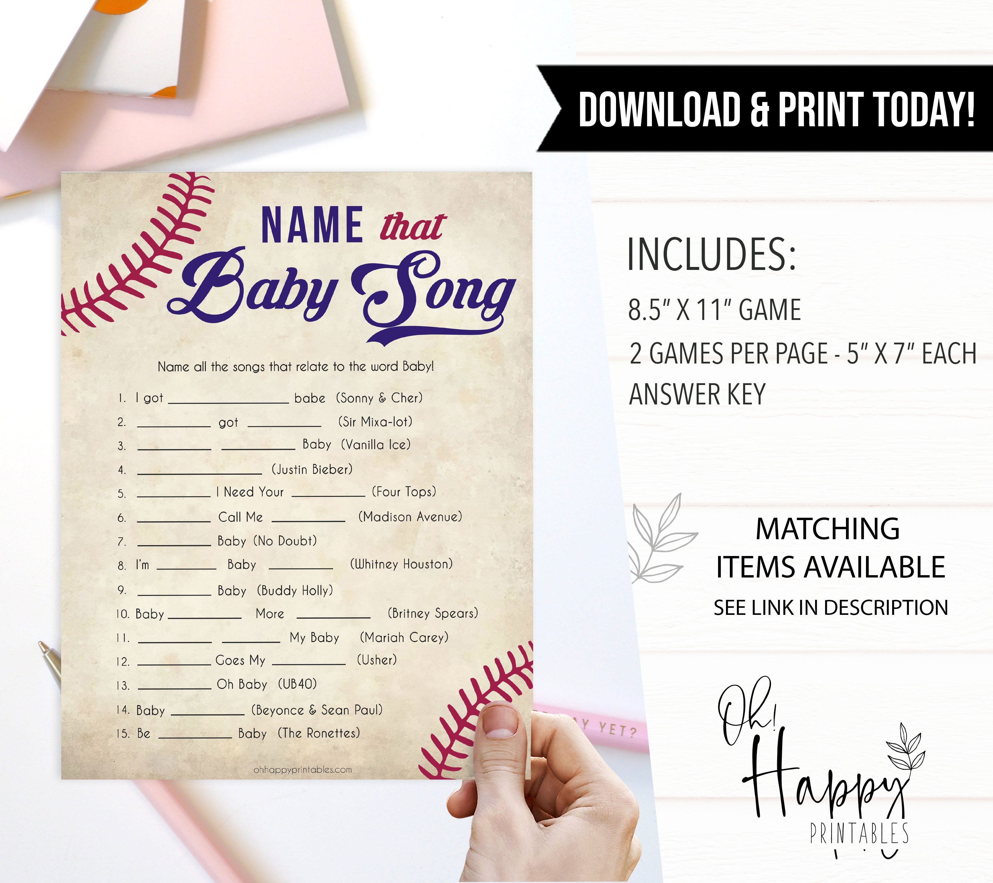 Baseball Name That Song Baby Shower Game, Baby Song Games, Baby Shower Games, Fun Baby Shower, Name that Song Game, Whats That Song, printable baby shower games, fun baby shower games, popular baby shower games