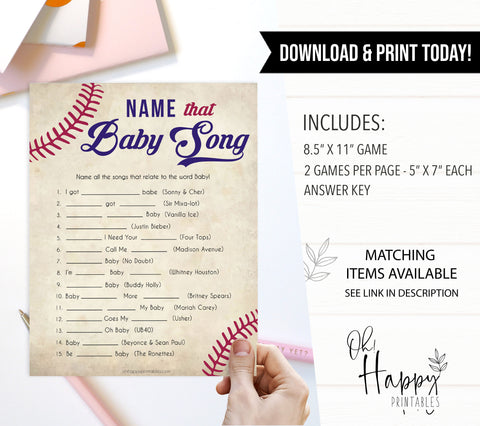 Baseball Name That Song Baby Shower Game, Baby Song Games, Baby Shower Games, Fun Baby Shower, Name that Song Game, Whats That Song, printable baby shower games, fun baby shower games, popular baby shower games
