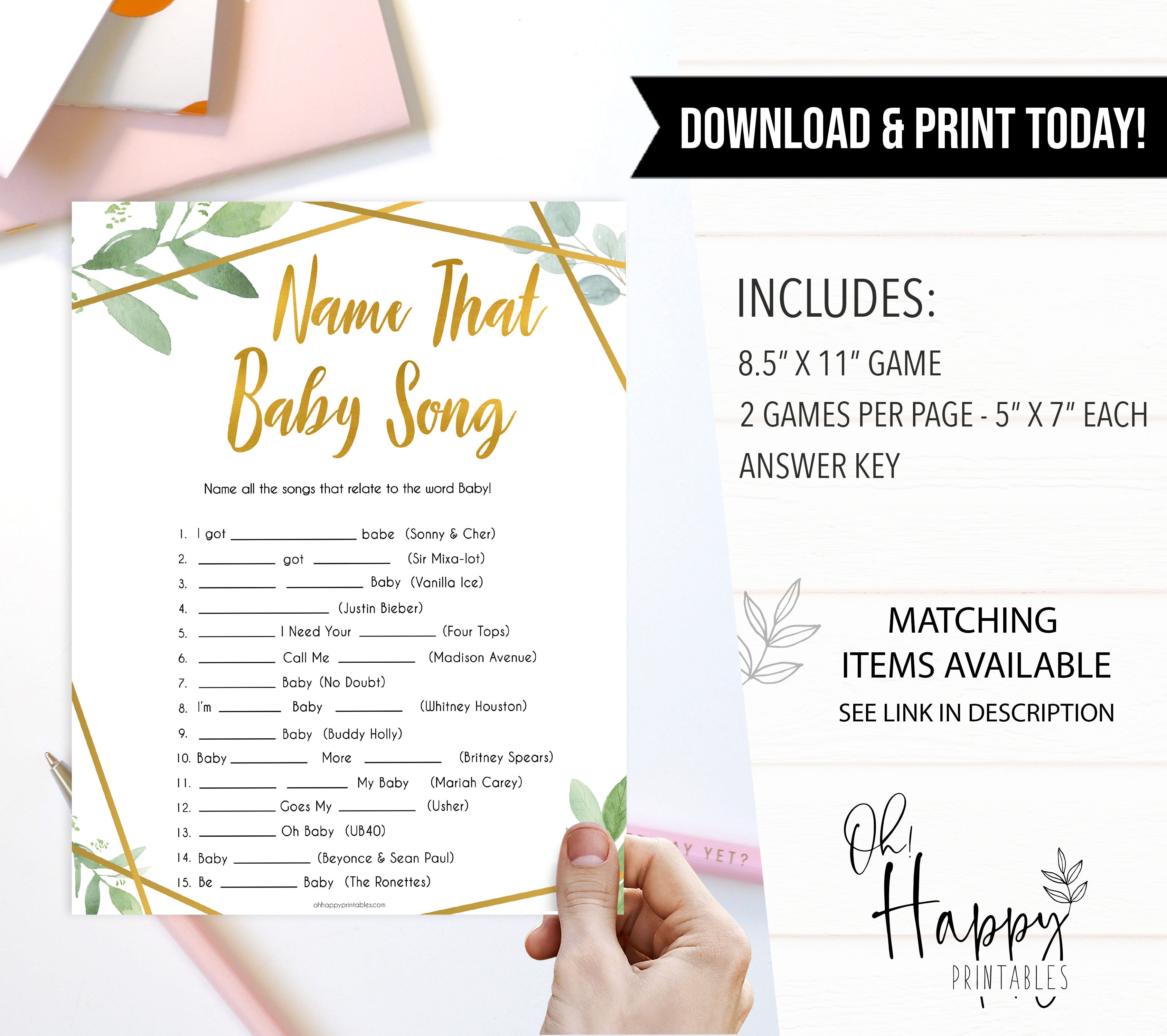 gold geometric name that baby song baby shower games, printable baby shower games, fun baby games, popular baby games, gold baby games