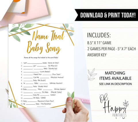 gold geometric name that baby song baby shower games, printable baby shower games, fun baby games, popular baby games, gold baby games
