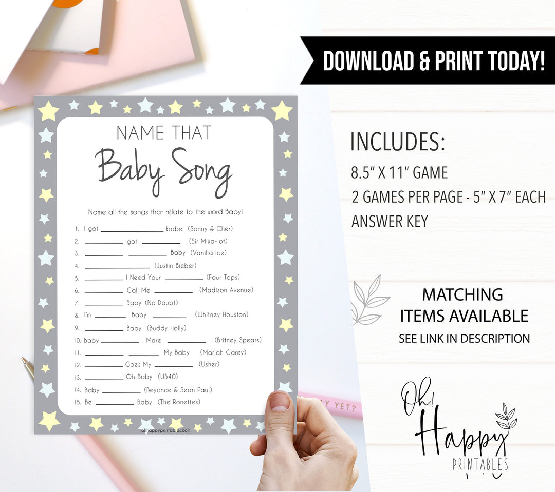 Grey Yellow Stars Name That Song Baby Shower Game, Baby Song Games, Printable Baby Shower Games, Name That Baby Song, Name that Song, fun abby shower games, popular baby shower games