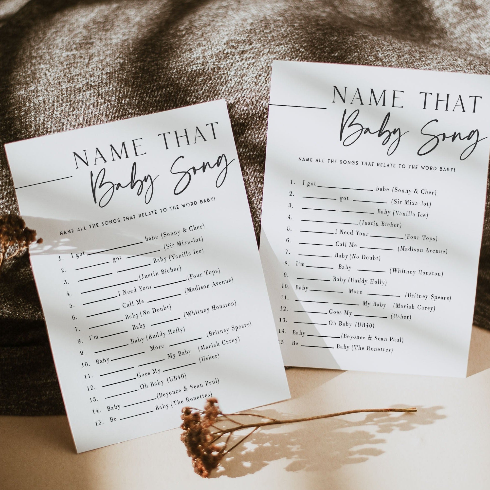 Printable baby shower game Name That Baby Song with a modern minimalist design