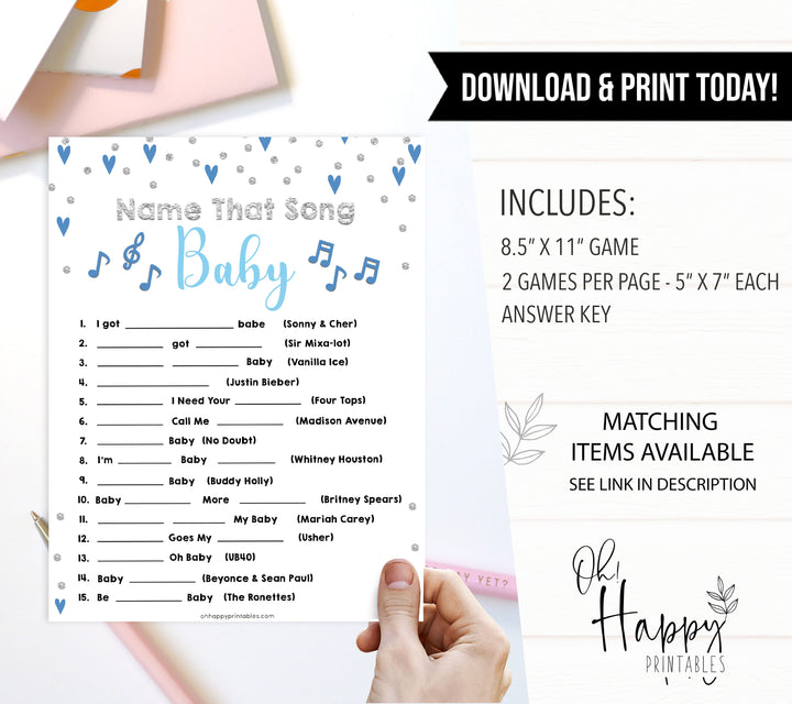 name that baby song game, Printable baby shower games, small blue hearts fun baby games, baby shower games, fun baby shower ideas, top baby shower ideas, silver baby shower, blue hearts baby shower ideas