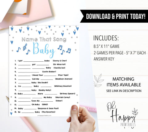 name that baby song game, Printable baby shower games, small blue hearts fun baby games, baby shower games, fun baby shower ideas, top baby shower ideas, silver baby shower, blue hearts baby shower ideas