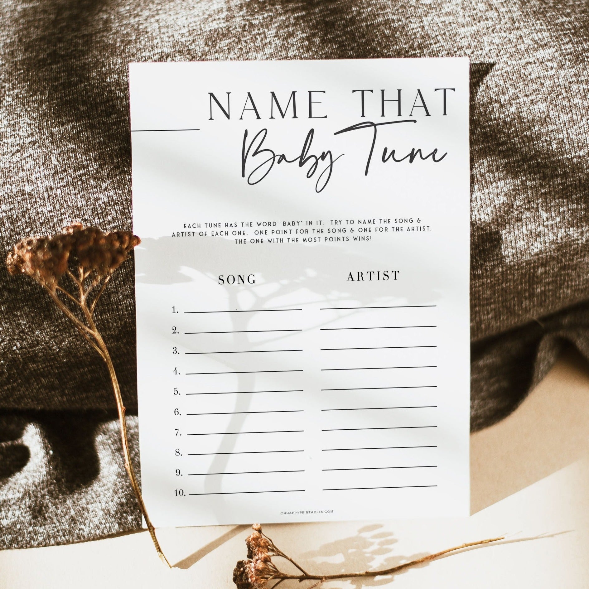Printable baby shower game Name That Baby Tune with a modern minimalist design