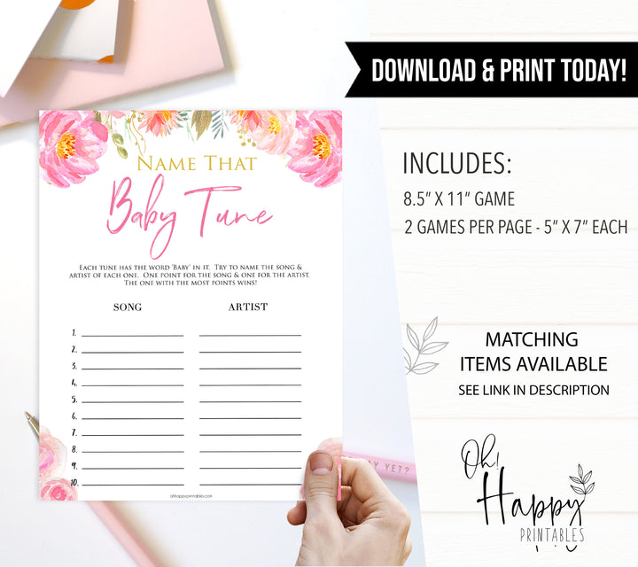 Pink blush floral baby shower name that baby tune game, printable baby games, baby shower games, blush baby shower, floral baby games, girl baby shower ideas, pink baby shower ideas, floral baby games, popular baby games, fun baby games