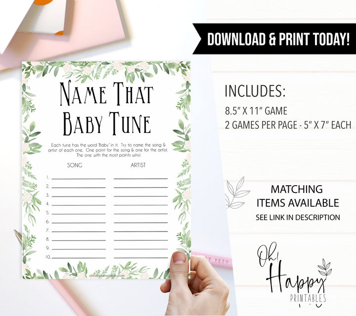 Greenery name that baby tune, fun baby games, popular baby games, printable baby games