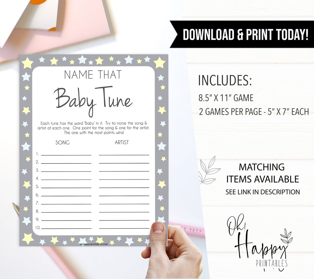 Grey Yellow Stars Name That Baby Tune Shower Game, Baby Song Games,Printable Baby Shower Games, Baby Shower, Name Baby Song, Baby Games, printable baby shower games, fun baby games, popular baby games
