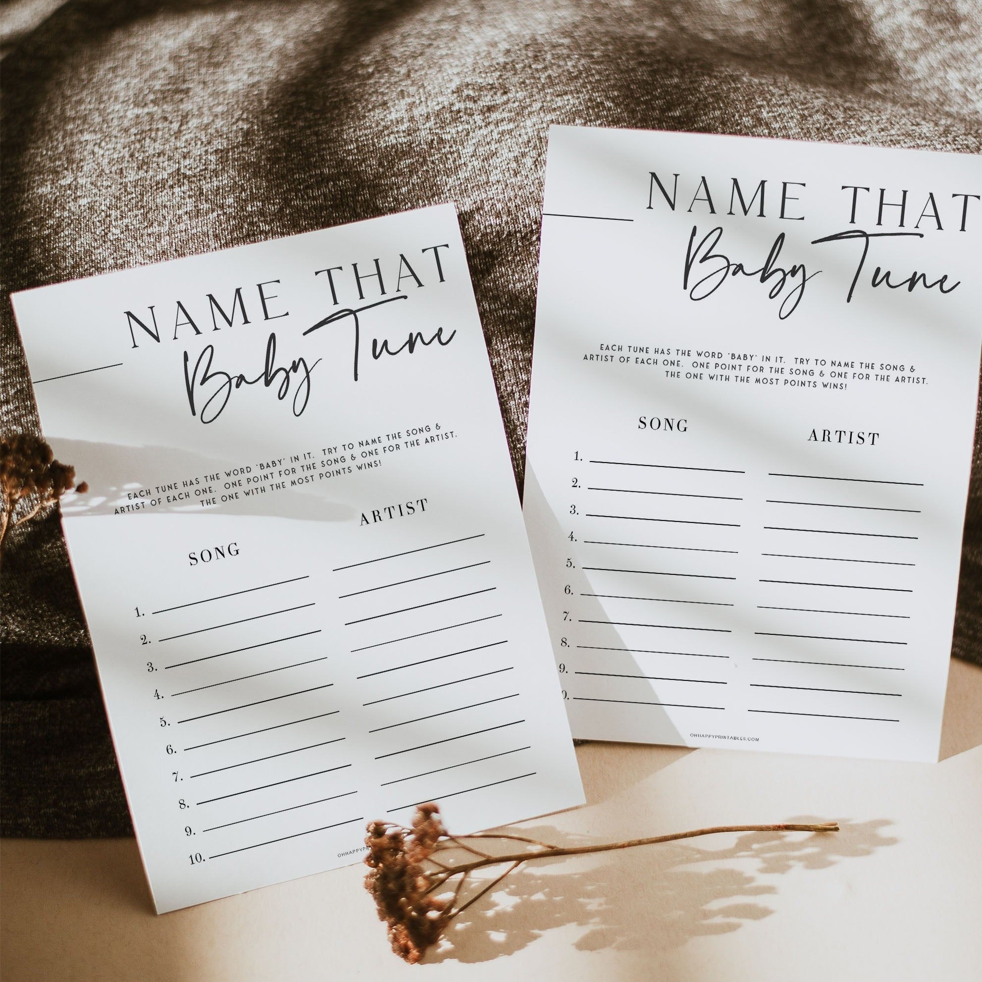 Printable baby shower game Name That Baby Tune with a modern minimalist design