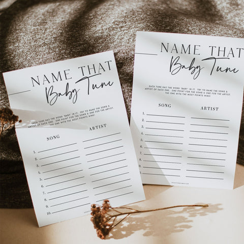 Printable baby shower game Name That Baby Tune with a modern minimalist design