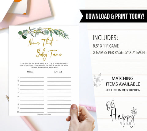 Eucalyptus baby shower games, name that baby tune baby game, fun baby shower games, printable baby games, baby shower ideas, baby games, baby shower baby shower bundle, baby shower games packs, botanical baby shower
