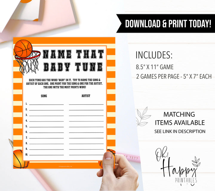 Basketball baby shower games, name that baby tune baby game, printable baby games, basket baby games, baby shower games, basketball baby shower idea, fun baby games, popular baby games