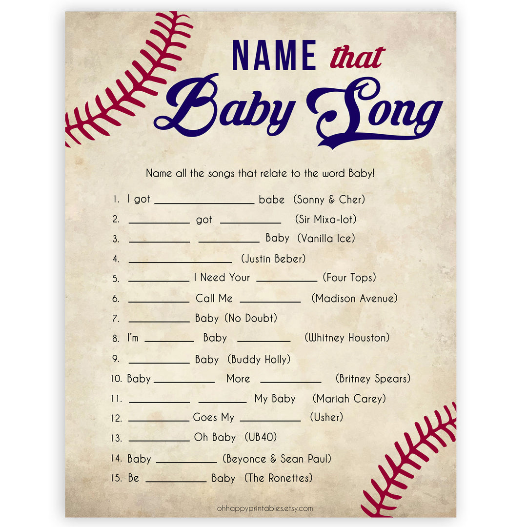 Baseball Name That Song Baby Shower Game, Baby Song Games, Baby Shower Games, Fun Baby Shower, Name that Song Game, Whats That Song, printable baby shower games, fun baby shower games, popular baby shower games